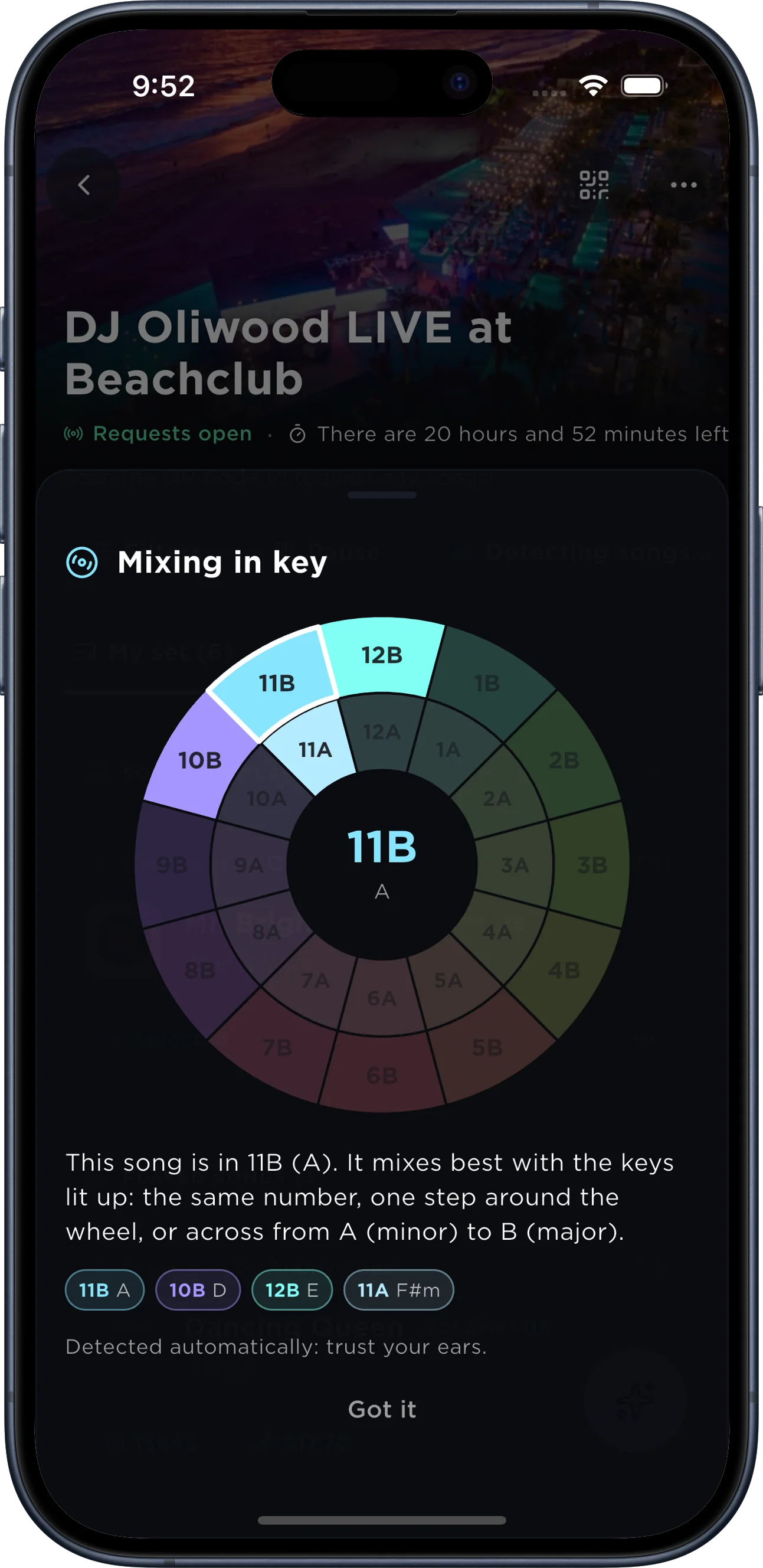 The Camelot wheel showing which keys mix with a request in SpecialRequest