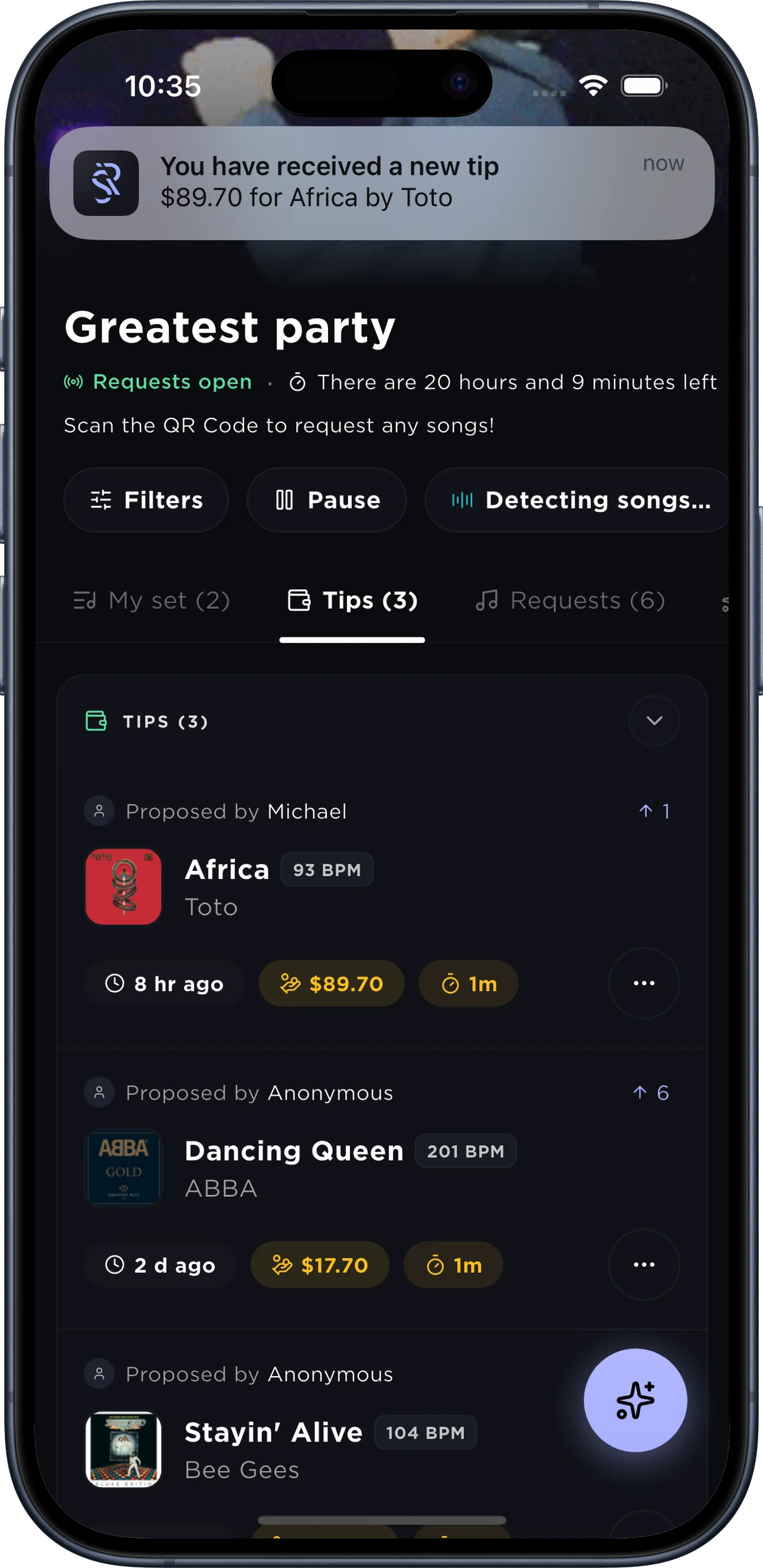An event's tipped requests in SpecialRequest