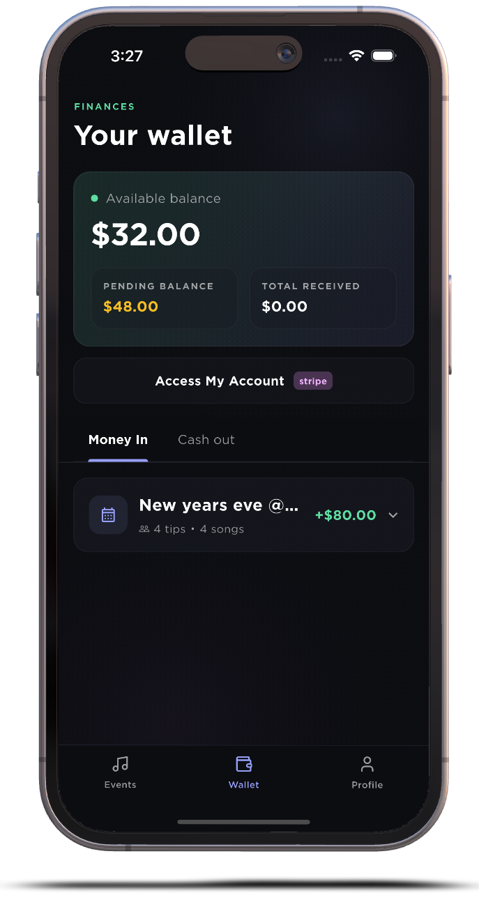 Artist wallet screen in Special Request