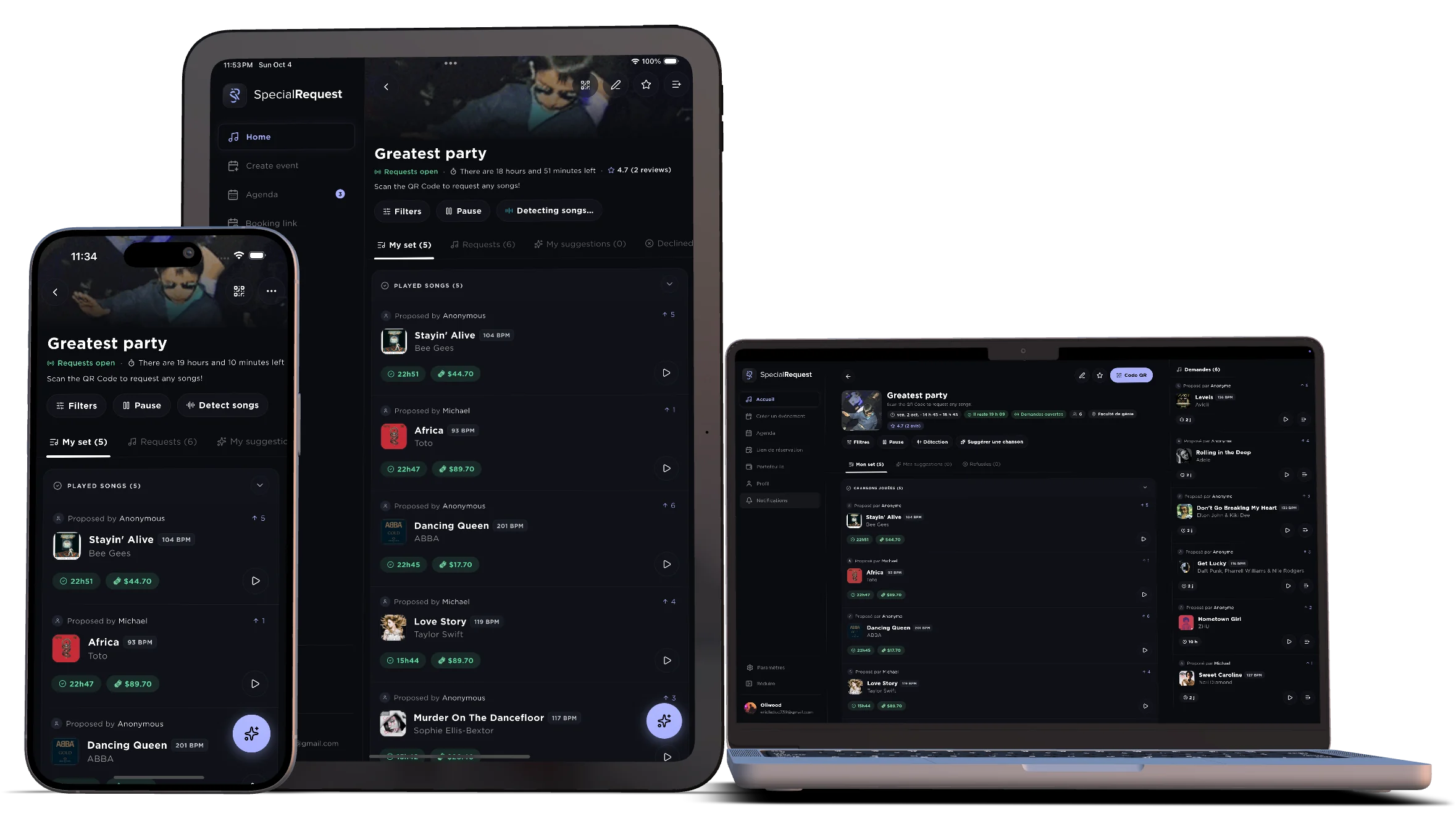 SpecialRequest shown across phone, tablet, and desktop
