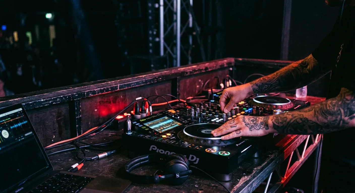 Les mains d'un DJ sur ses platines, dans la cabine