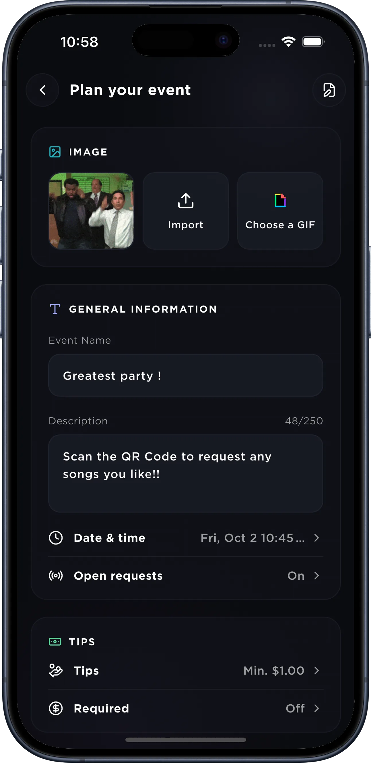 The event creation form in SpecialRequest