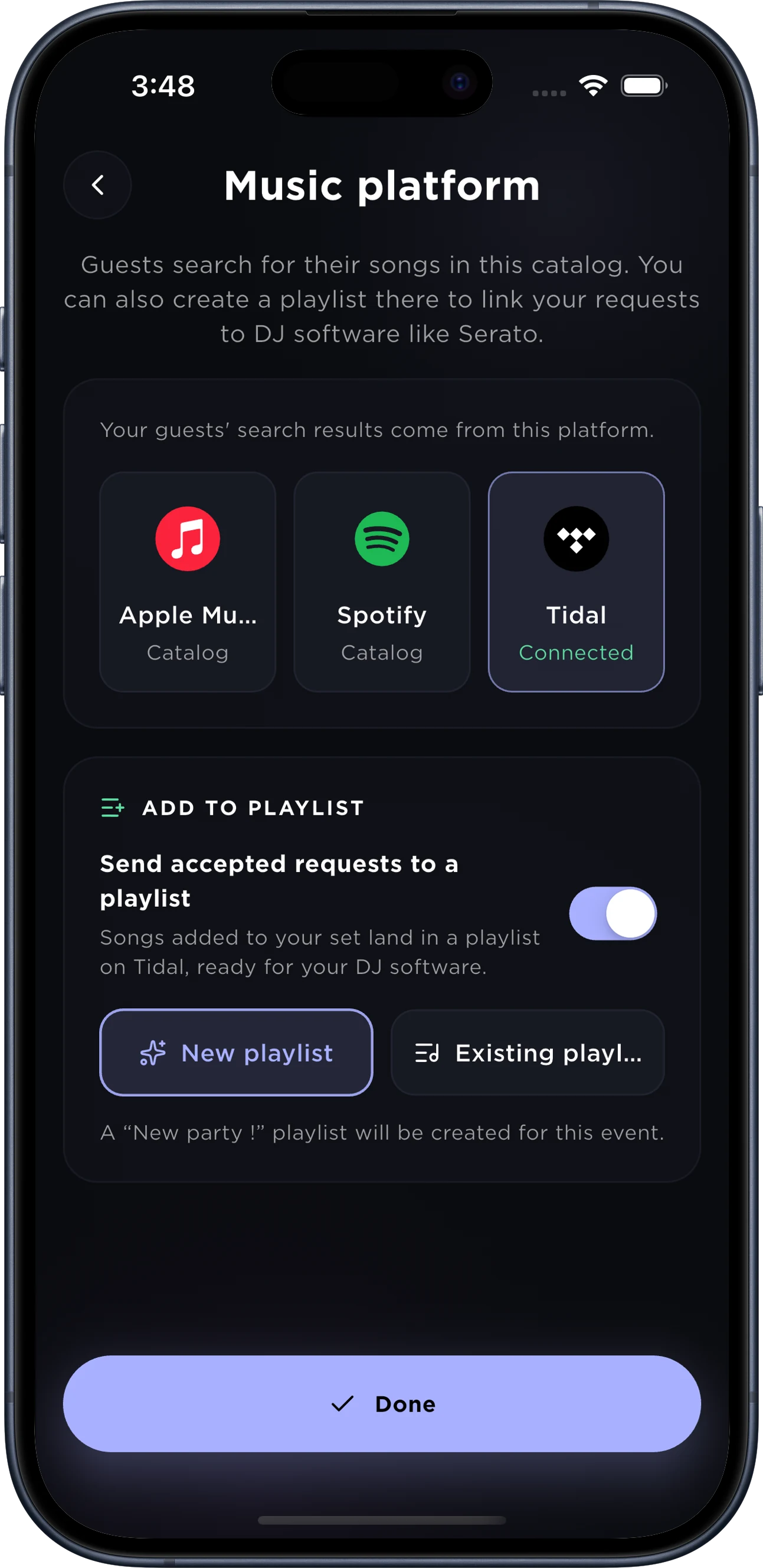 Choosing the music platform and the set's playlist in SpecialRequest