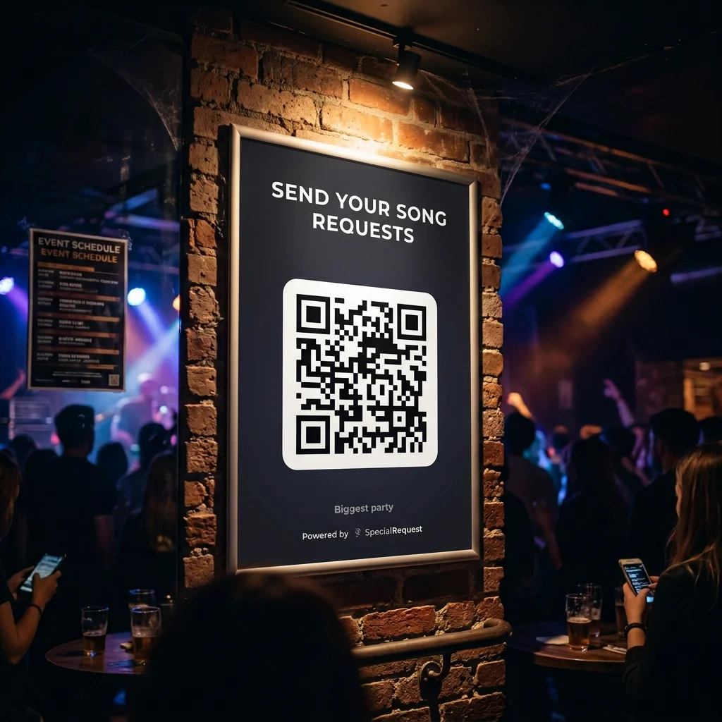 A SpecialRequest poster with its QR code, in a packed room