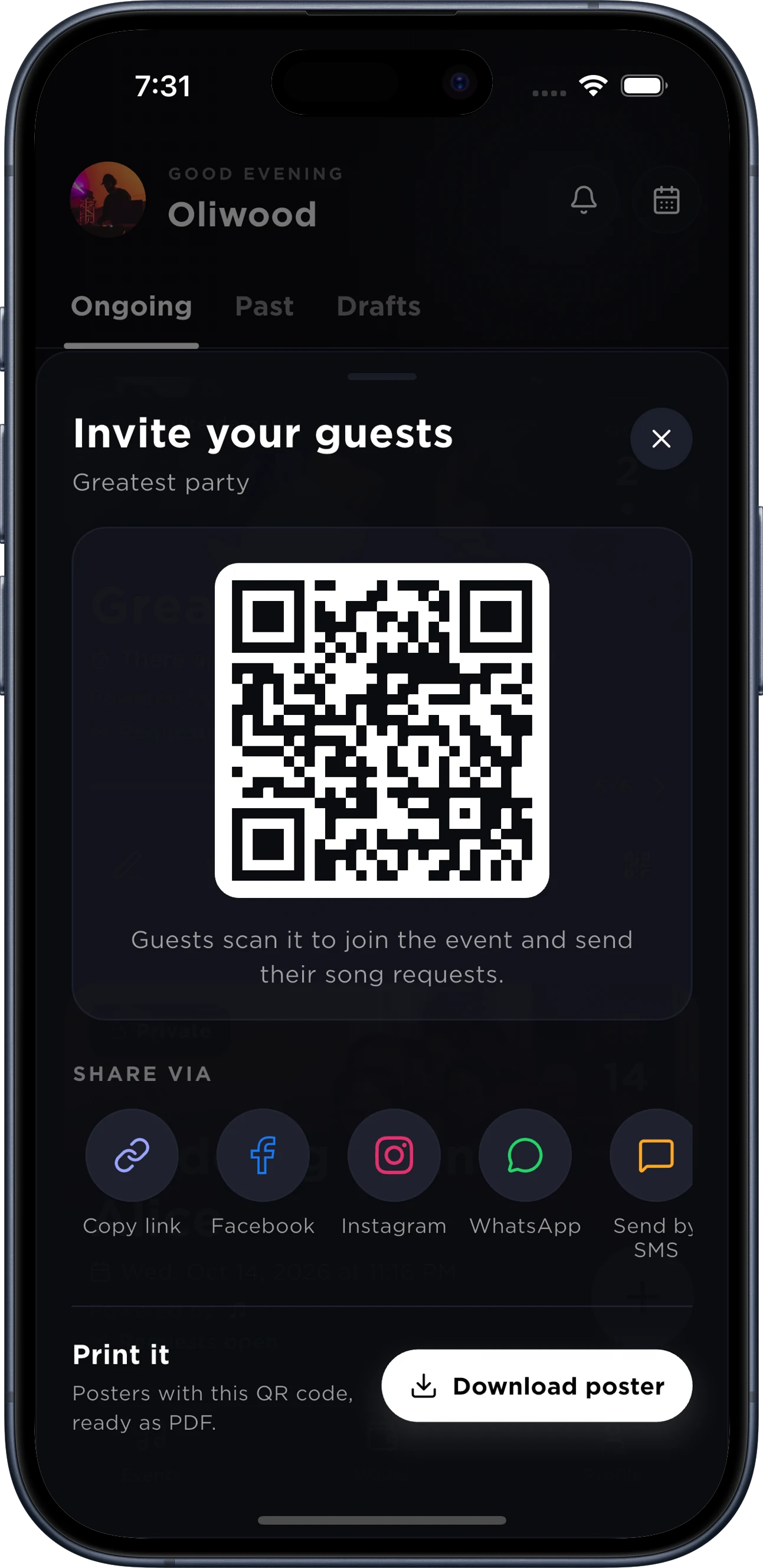 The event's share screen, with its link and its QR code