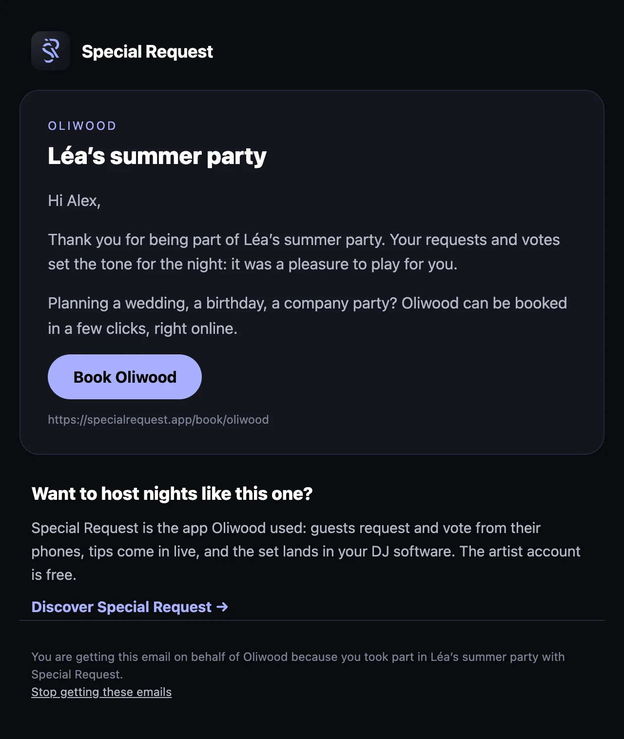 The thank-you email a guest gets after an event