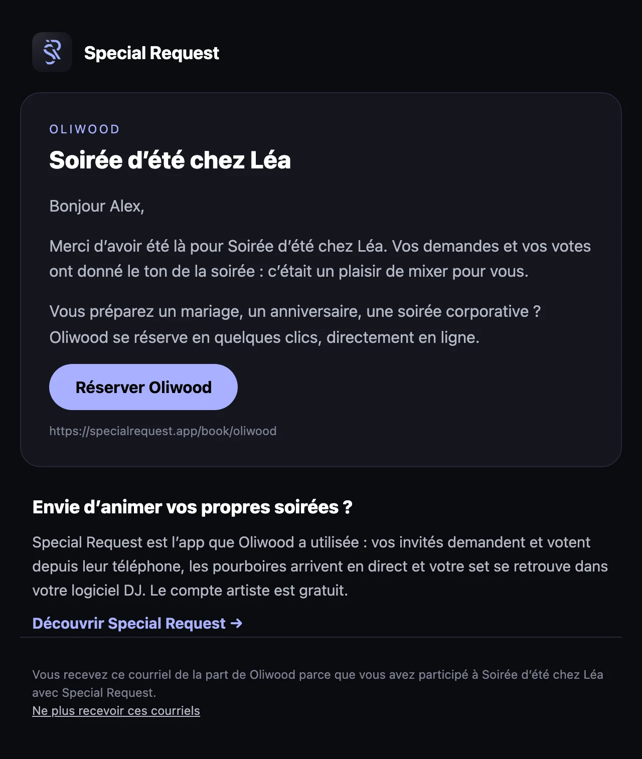 Le courriel de remerciement reçu par un invité après un évènement