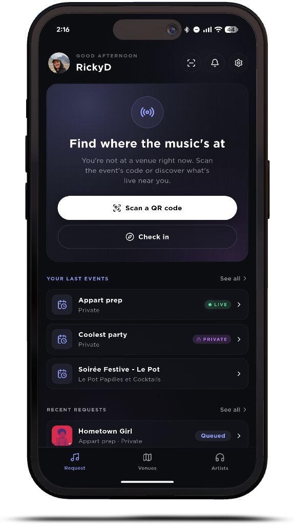 Participant home screen in Special Request